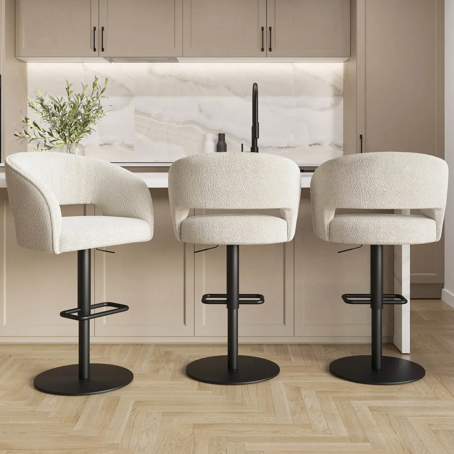Set of 3 Swivel Barstools - Beige, Boucle image