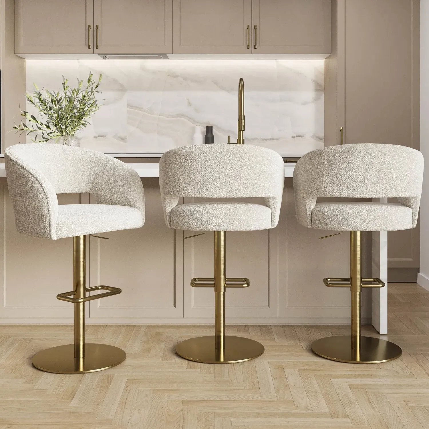 Set of 3 Swivel Barstools - Beige, Boucle