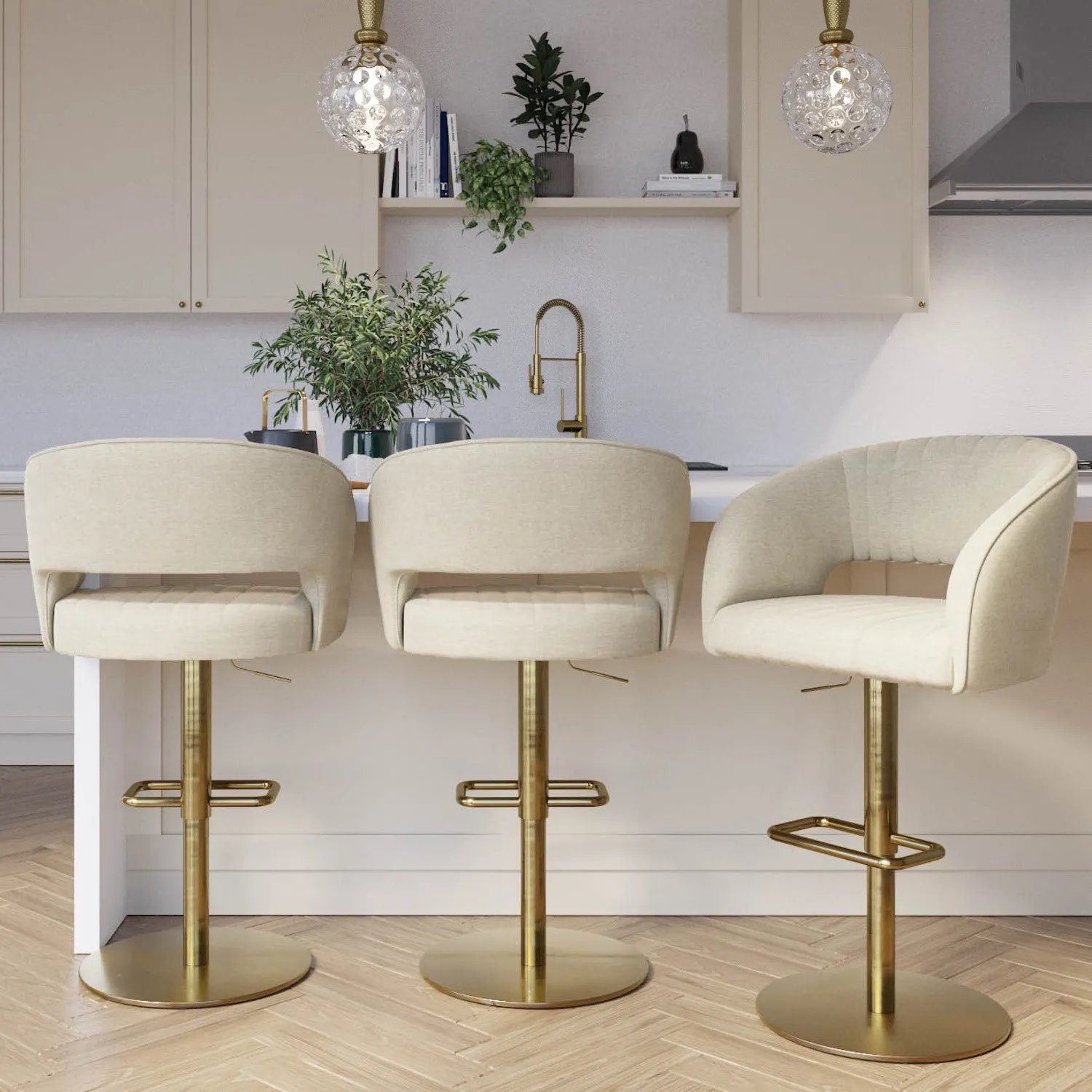 Set of 3 Swivel Barstools - Beige, Chenille