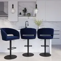 Set of 3 Swivel Barstools - Navy Blue, Chenille