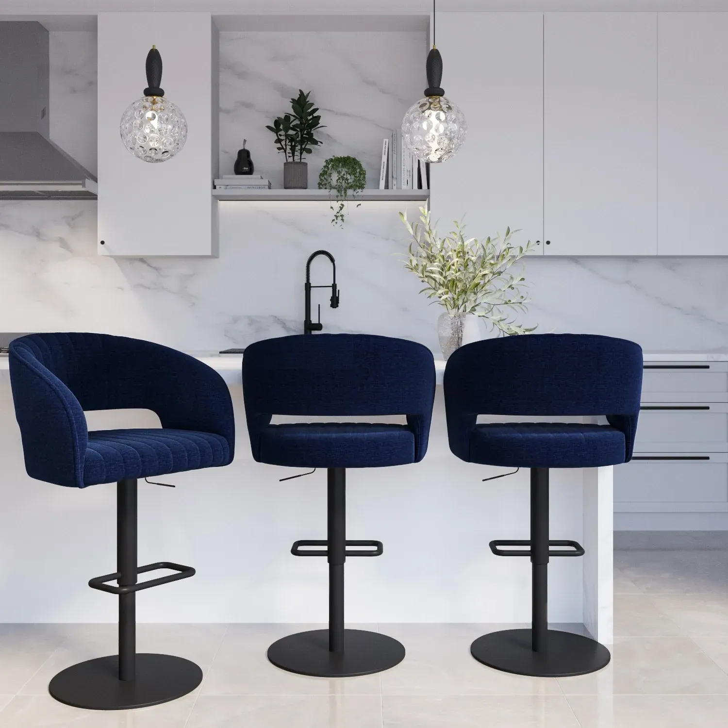 Set of 3 Swivel Barstools - Navy Blue, Chenille