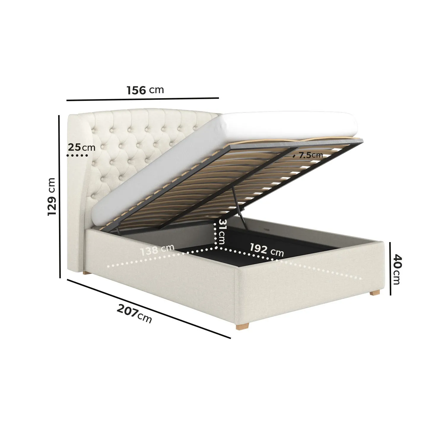 Double Ottoman Bed with Storage - Cream, Fabric