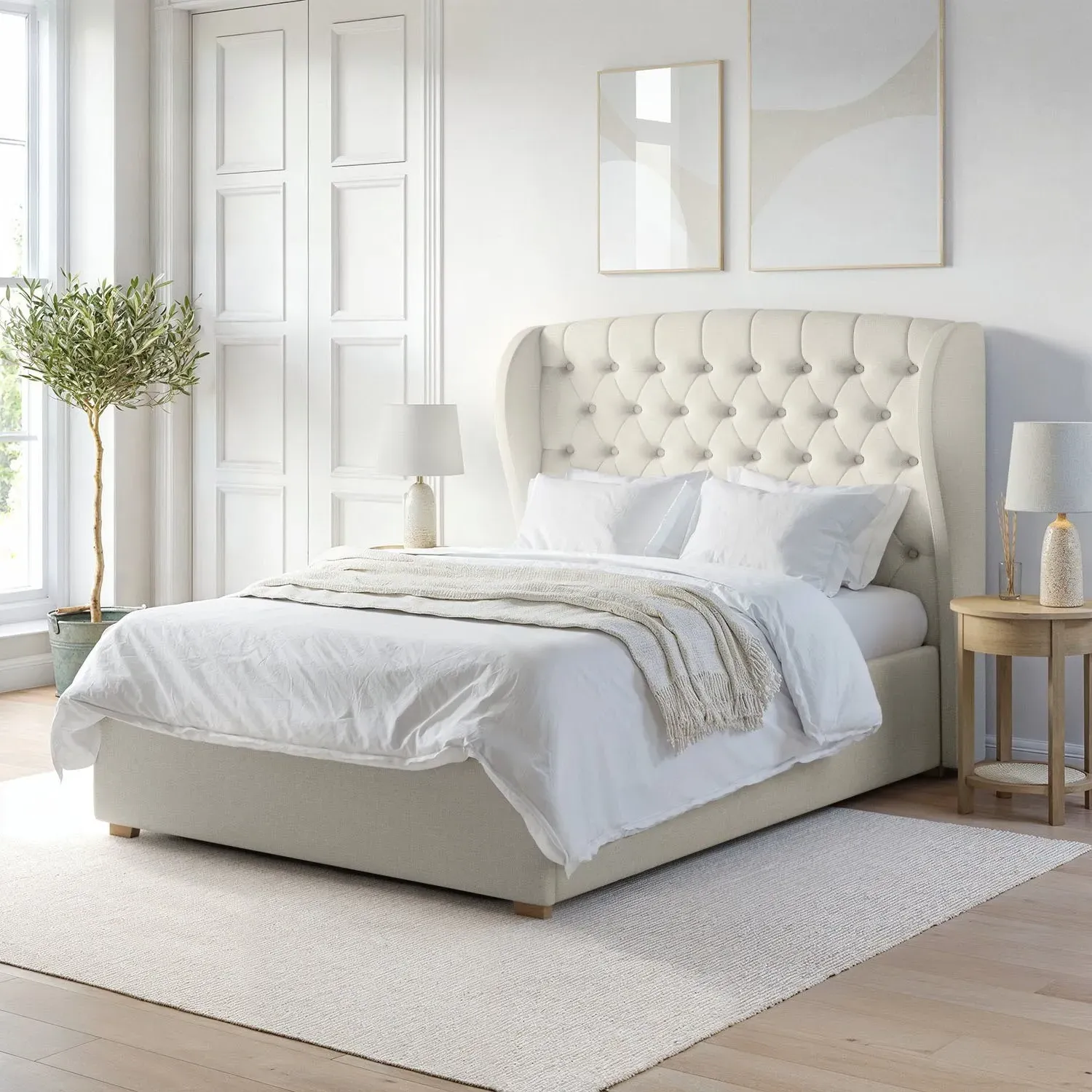 Double Ottoman Bed with Storage - Cream, Fabric