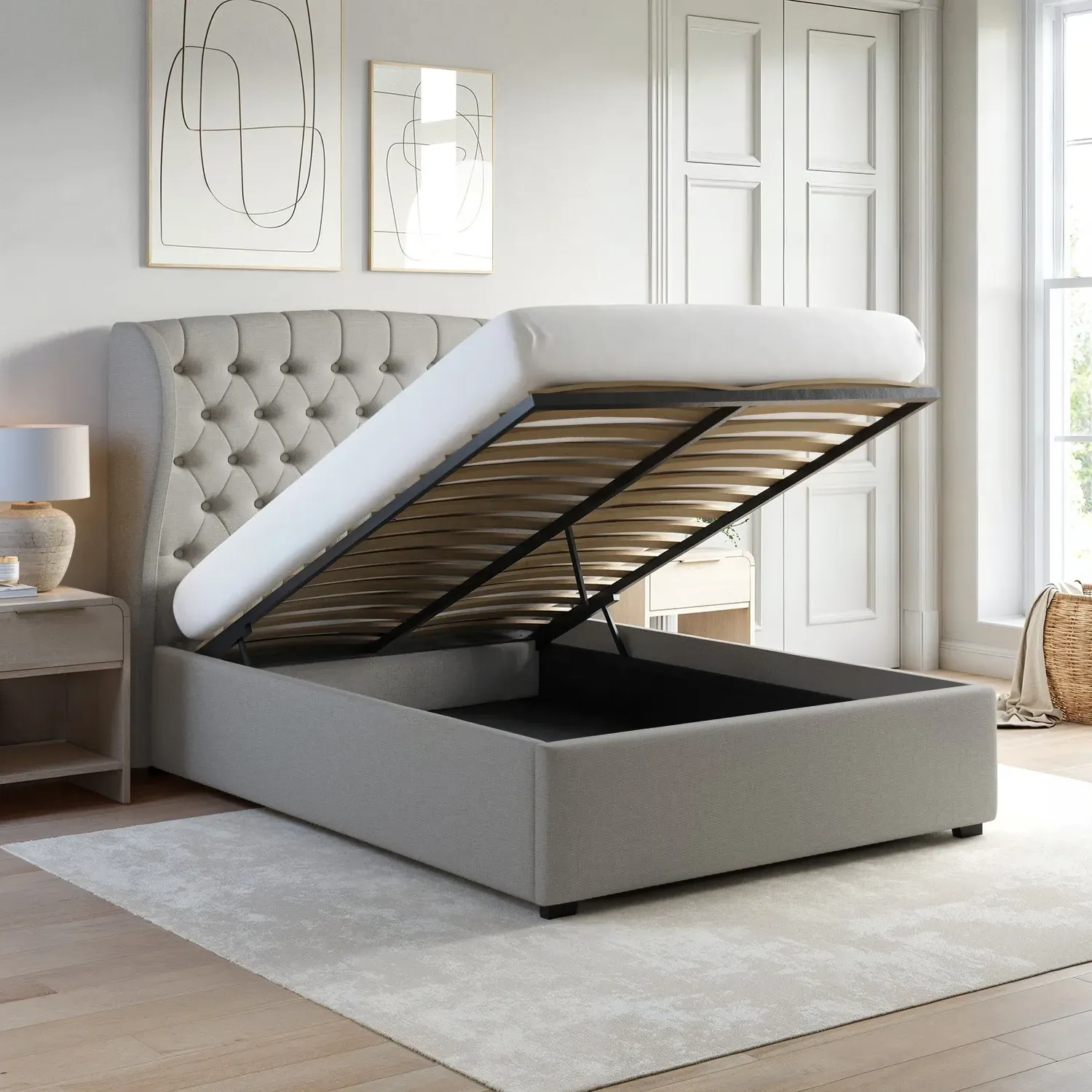 Double Ottoman Bed with Storage - Grey, Fabric