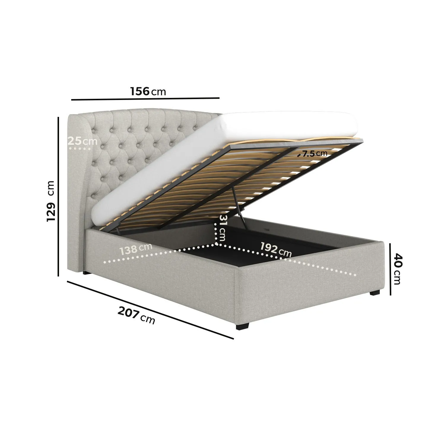 Double Ottoman Bed with Storage - Grey, Fabric