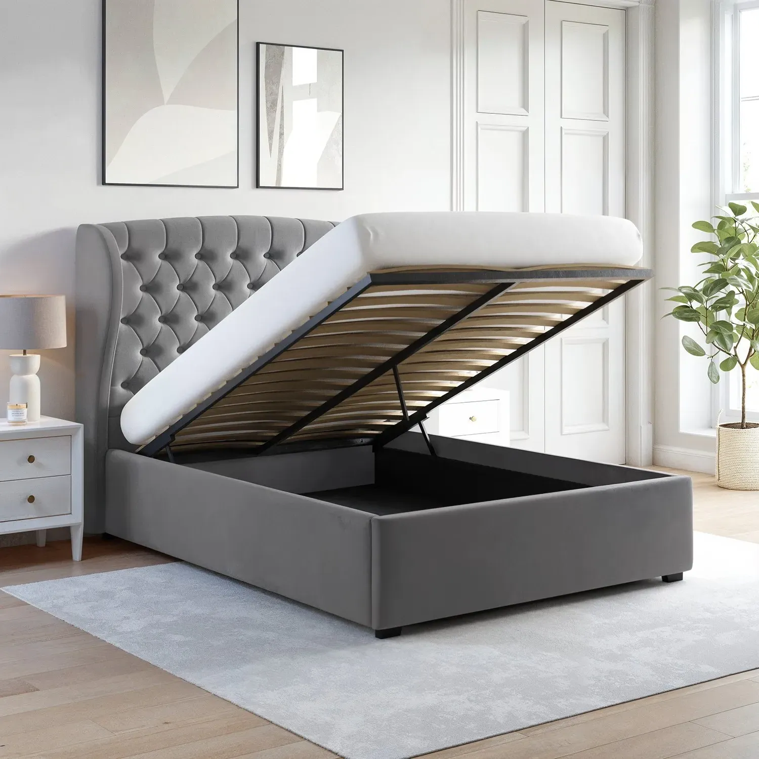 Double Ottoman Bed with Wings - Grey, Velvet