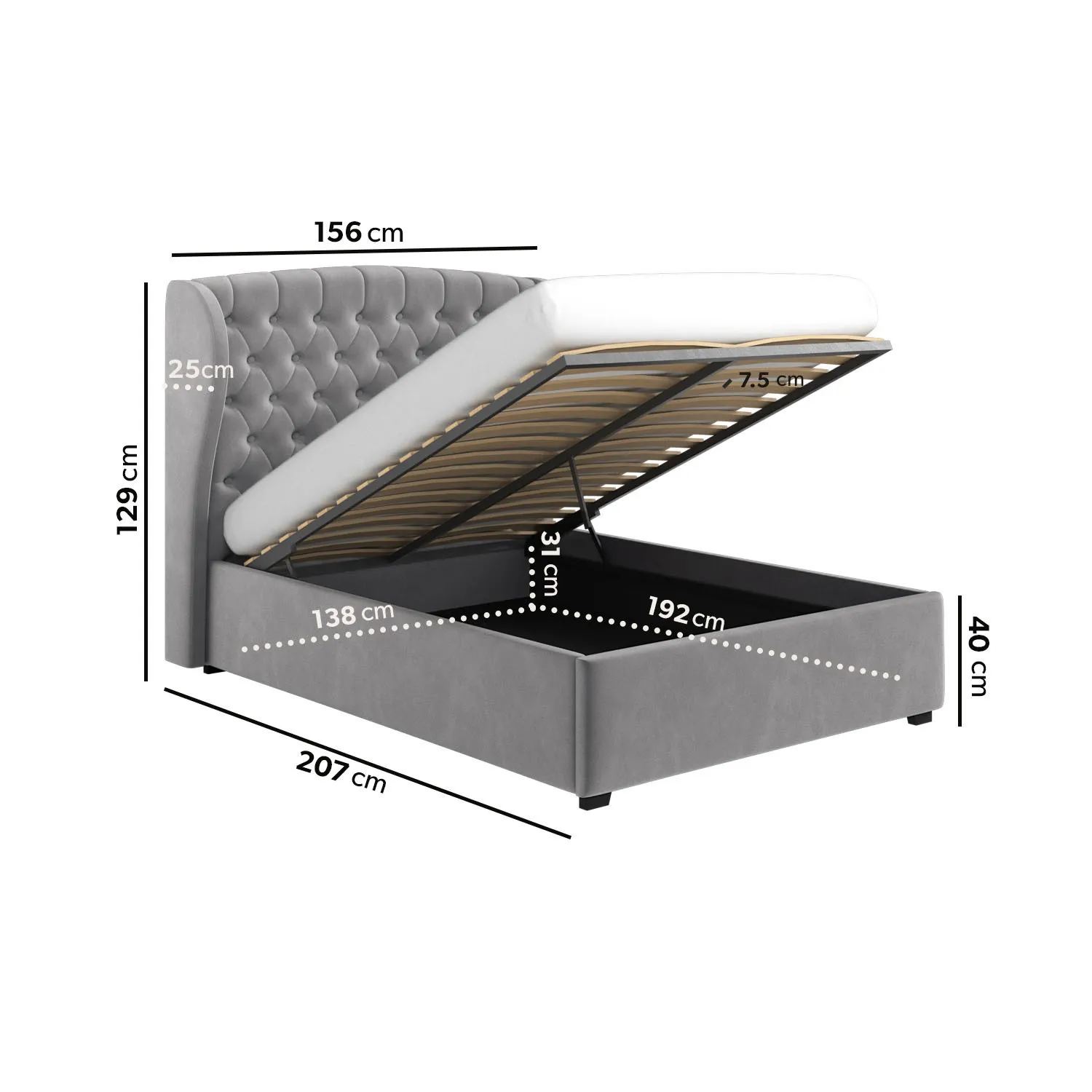 Double Ottoman Bed with Wings - Grey, Velvet
