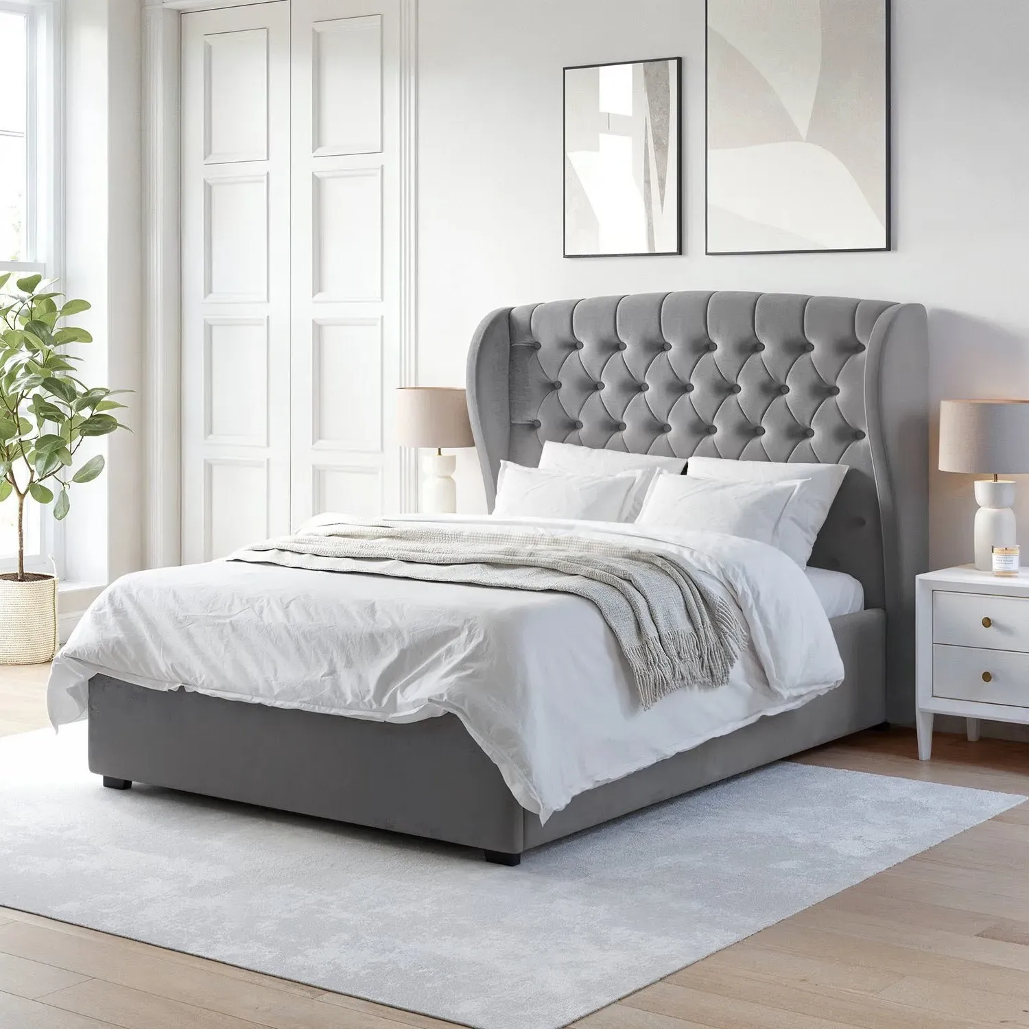 Double Ottoman Bed with Wings - Grey, Velvet