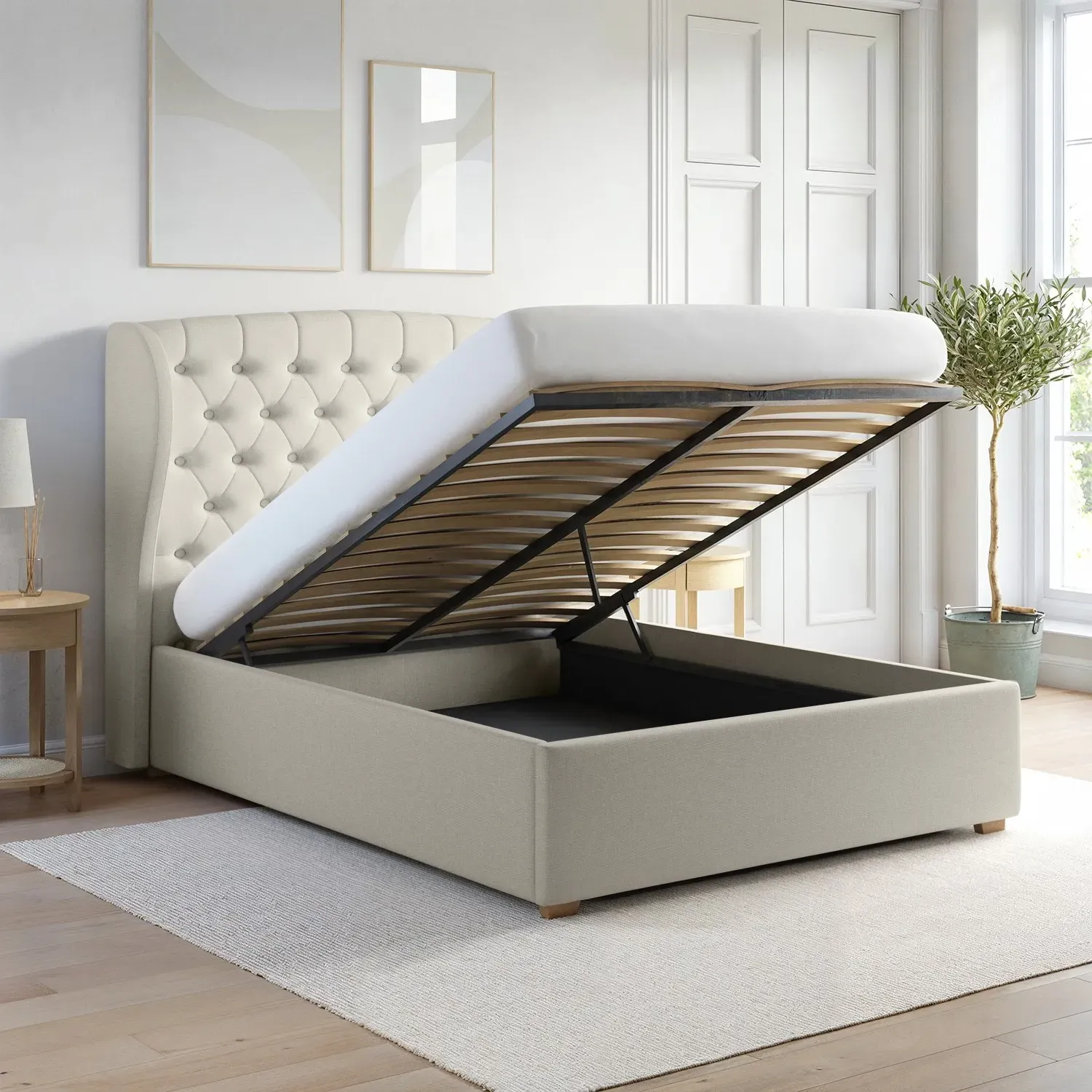 King Size Ottoman Bed with Storage - Cream, Fabric