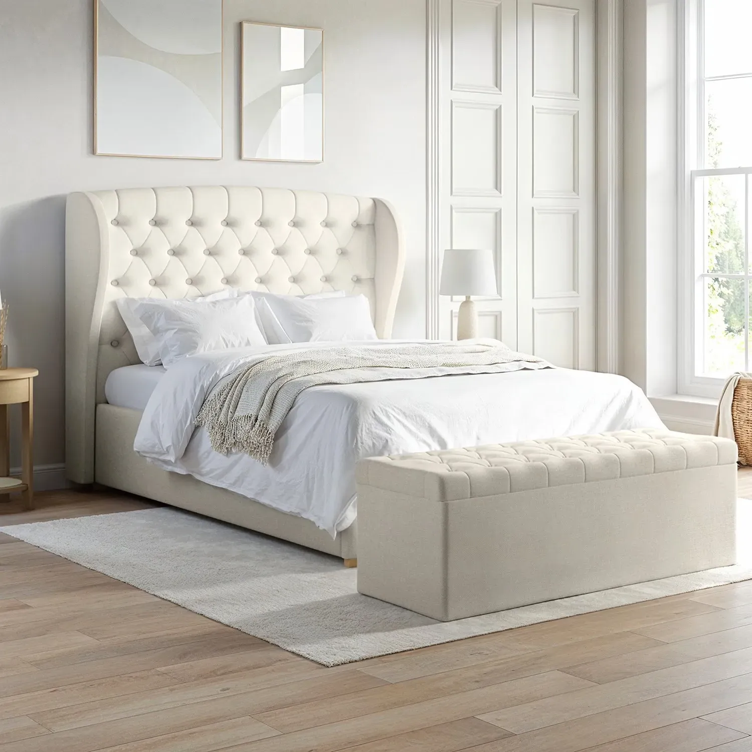 King Size Ottoman Bed with Storage - Cream, Fabric
