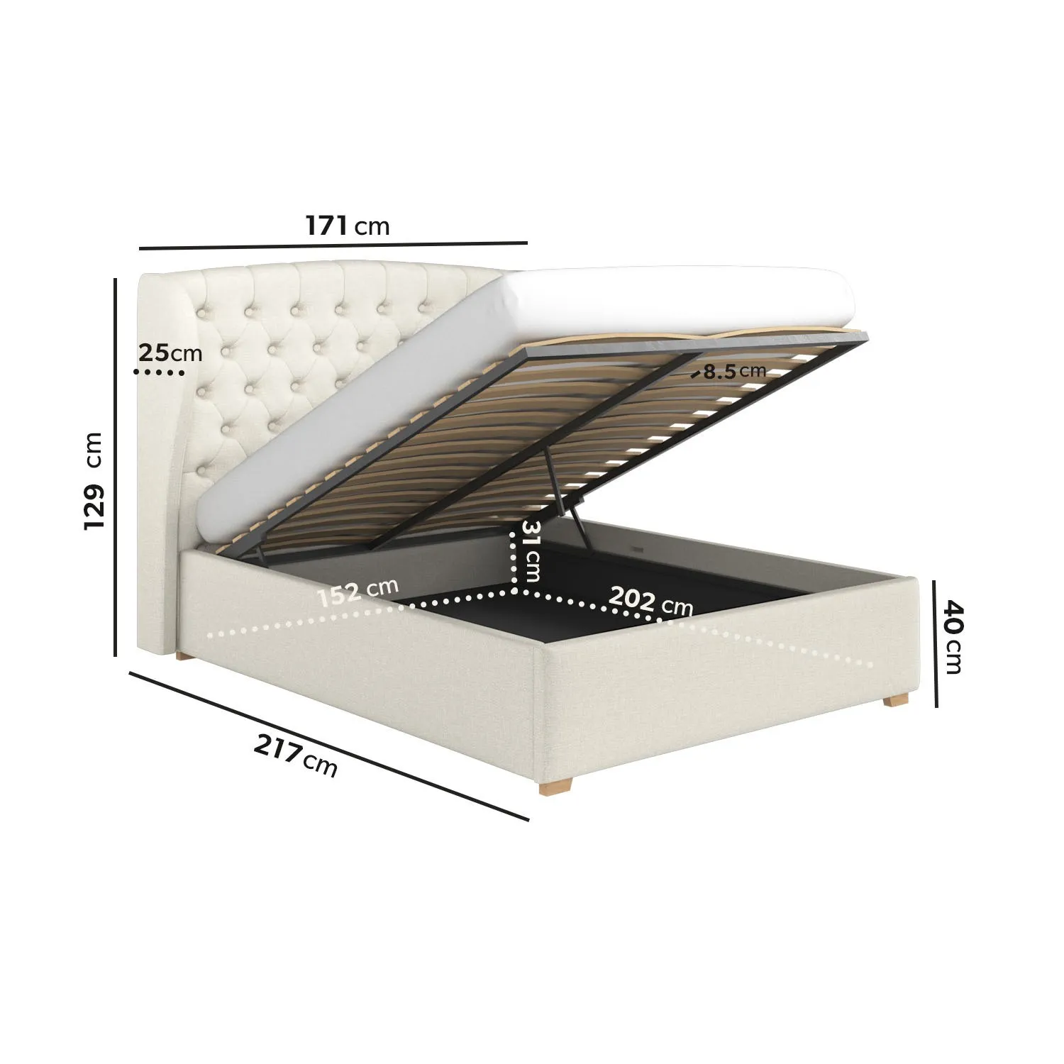 King Size Ottoman Bed with Storage - Cream, Fabric