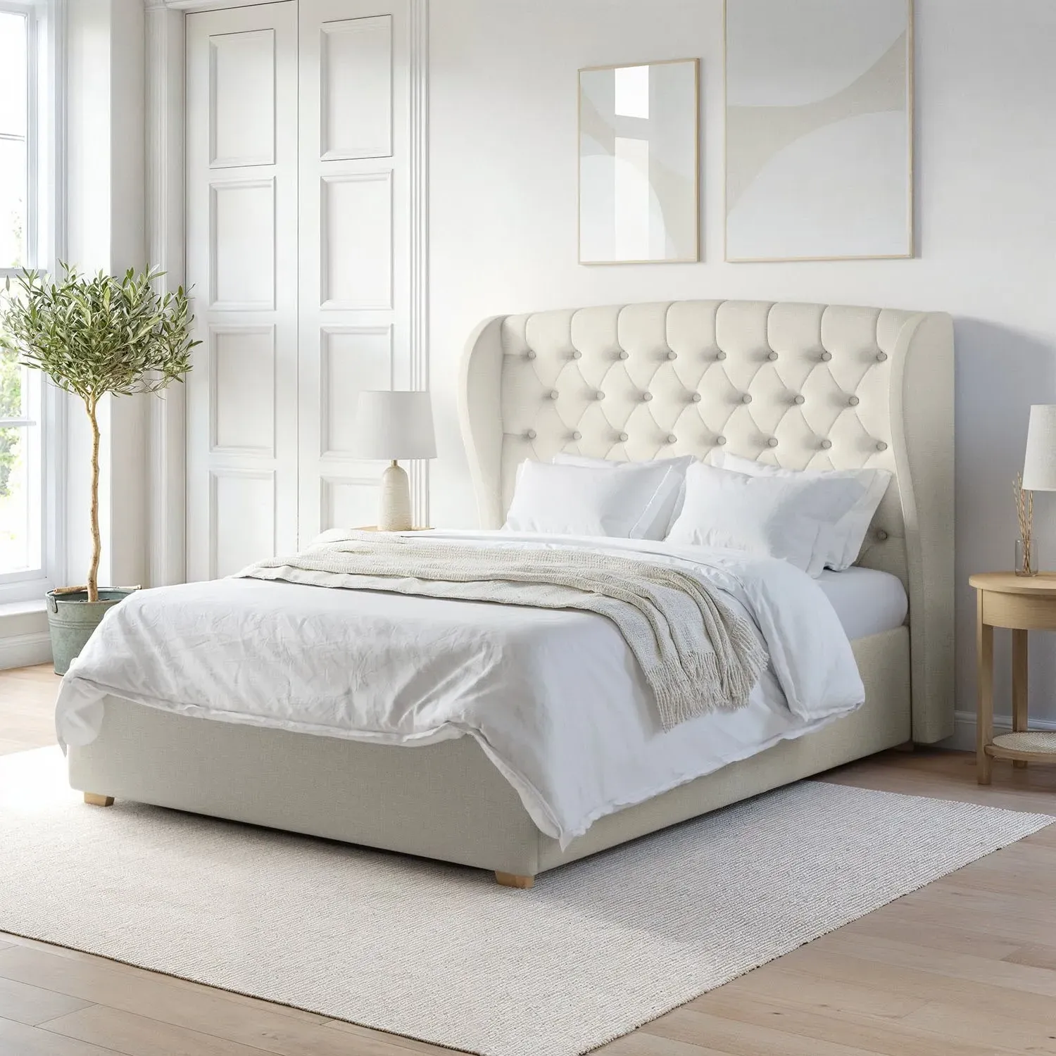 King Size Ottoman Bed with Storage - Cream, Fabric