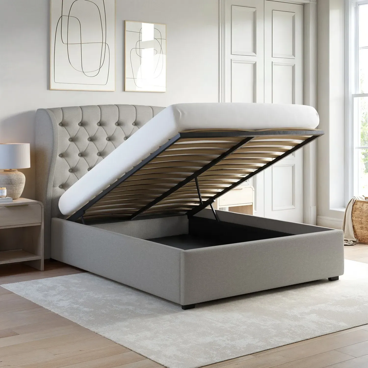 King Size Ottoman Bed with Storage - Grey, Fabric