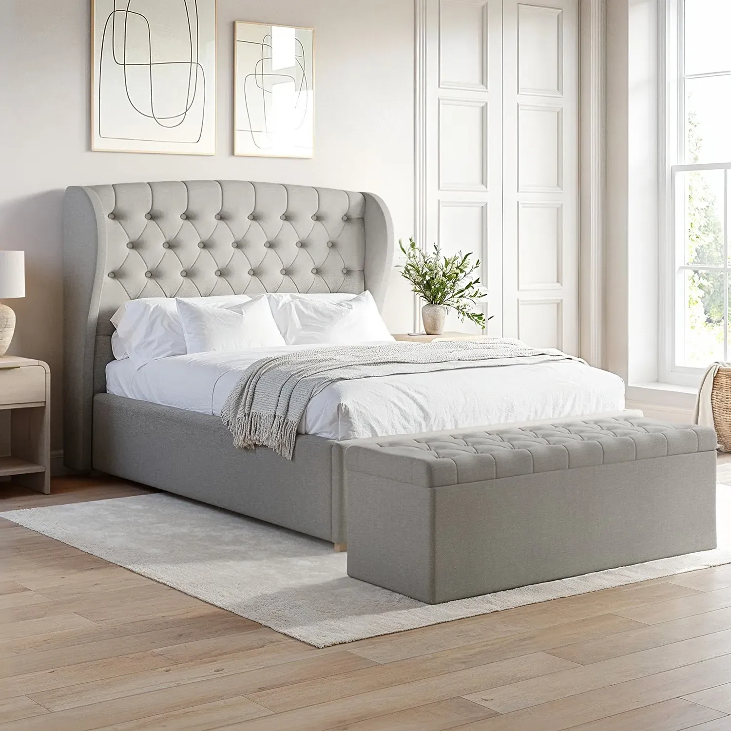 King Size Ottoman Bed with Storage - Grey, Fabric