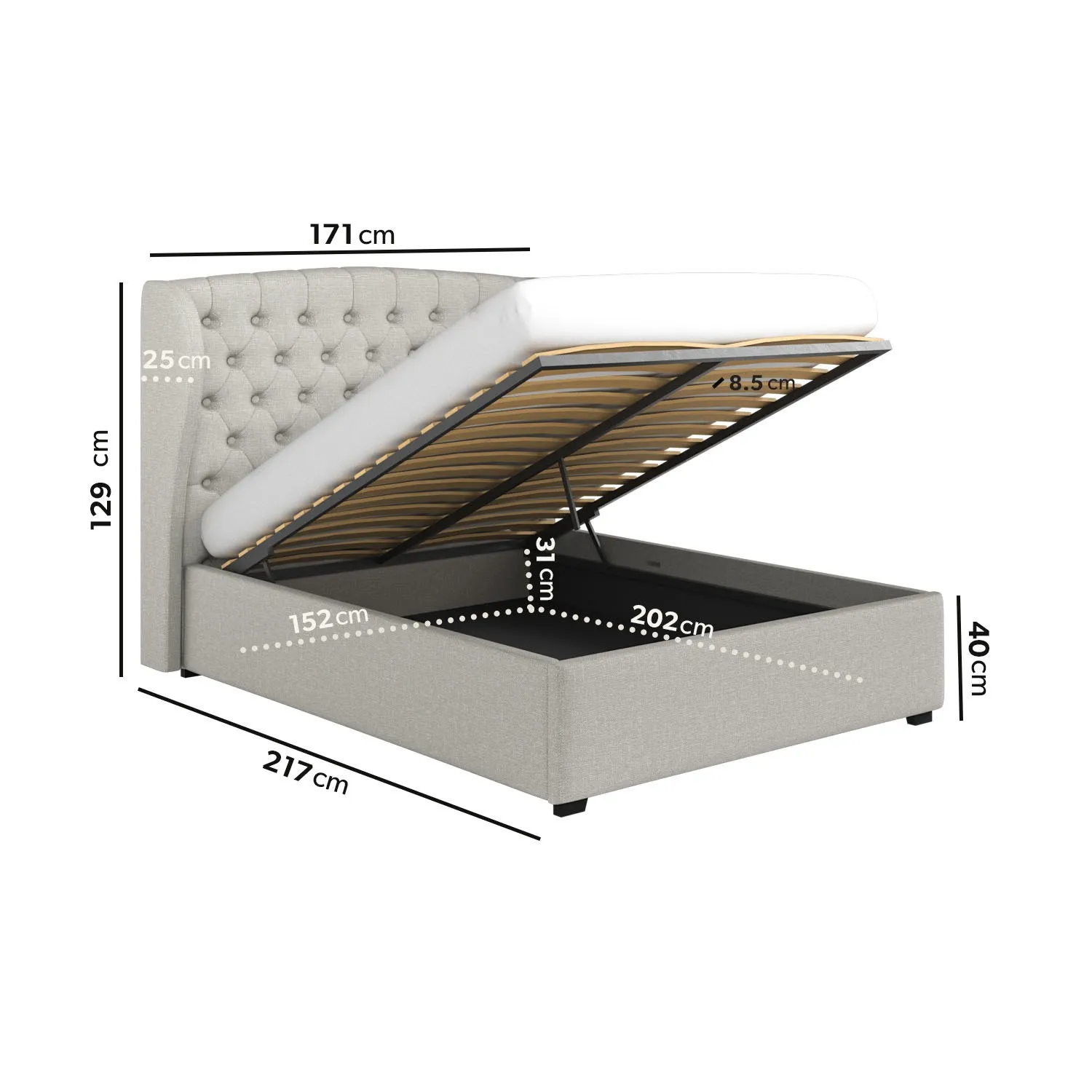 King Size Ottoman Bed with Storage - Grey, Fabric