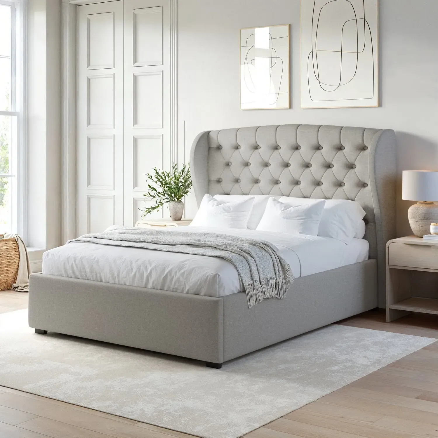 King Size Ottoman Bed with Storage - Grey, Fabric