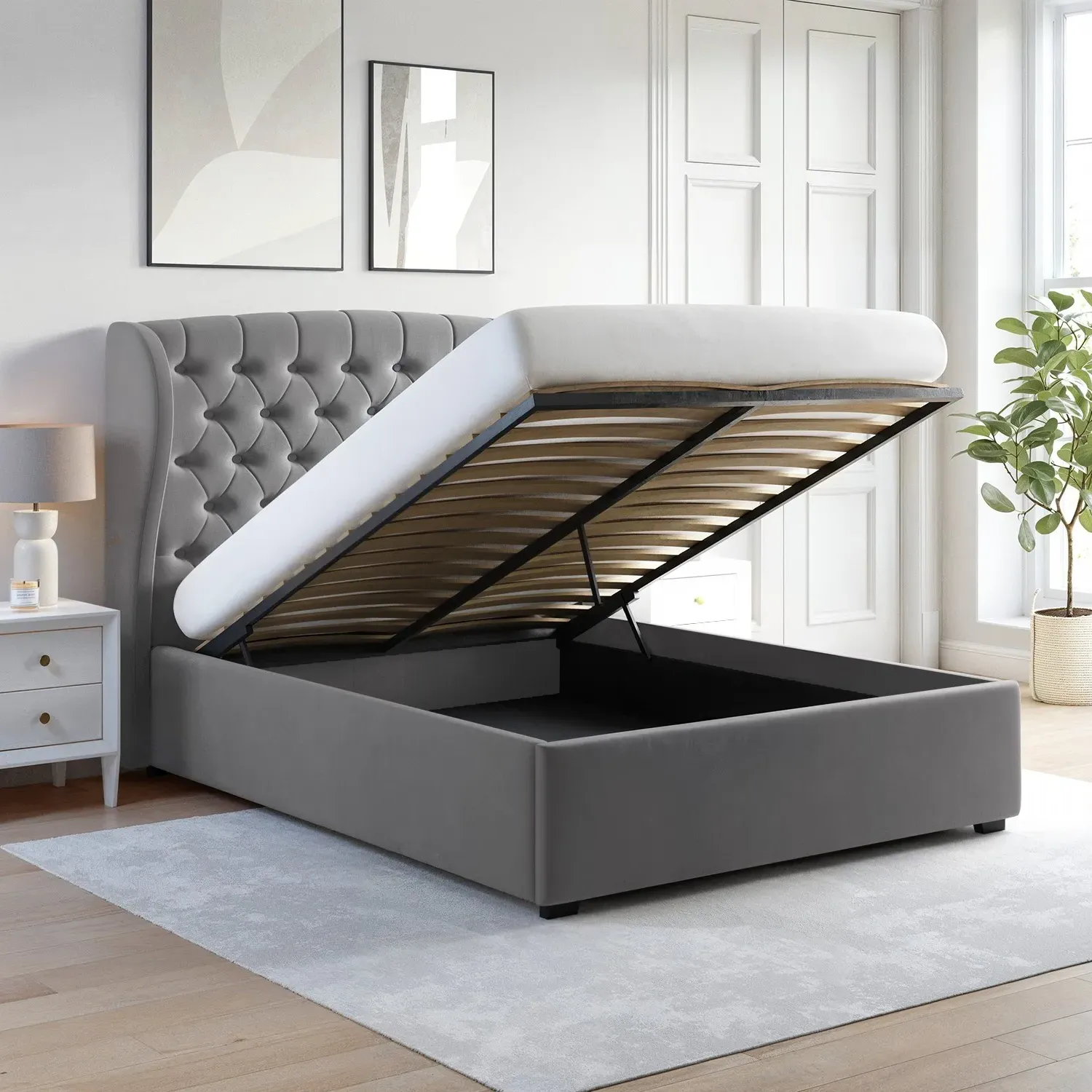 King Size Ottoman Bed with Wings - Grey, Velvet