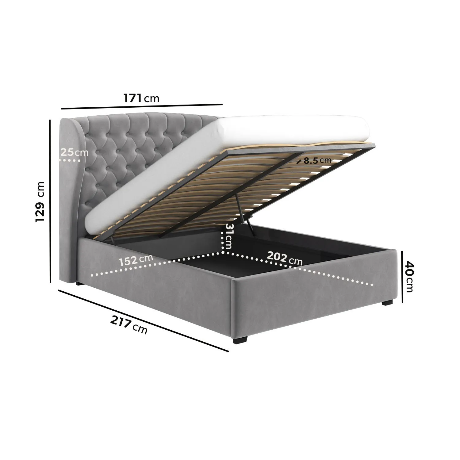 King Size Ottoman Bed with Wings - Grey, Velvet