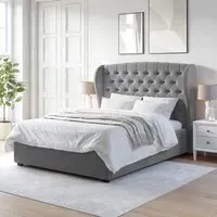 King Size Ottoman Bed with Wings - Grey, Velvet