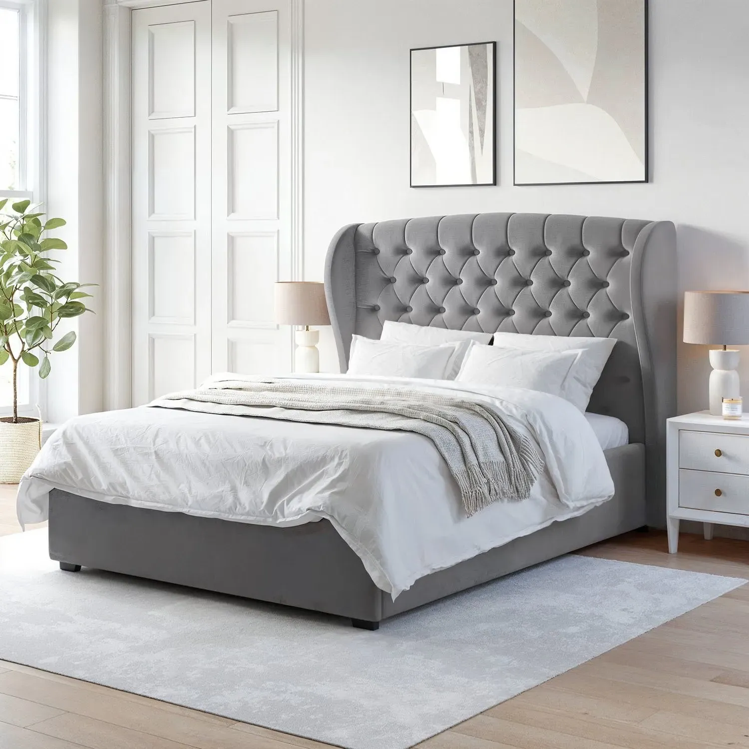 King Size Ottoman Bed with Wings - Grey, Velvet image