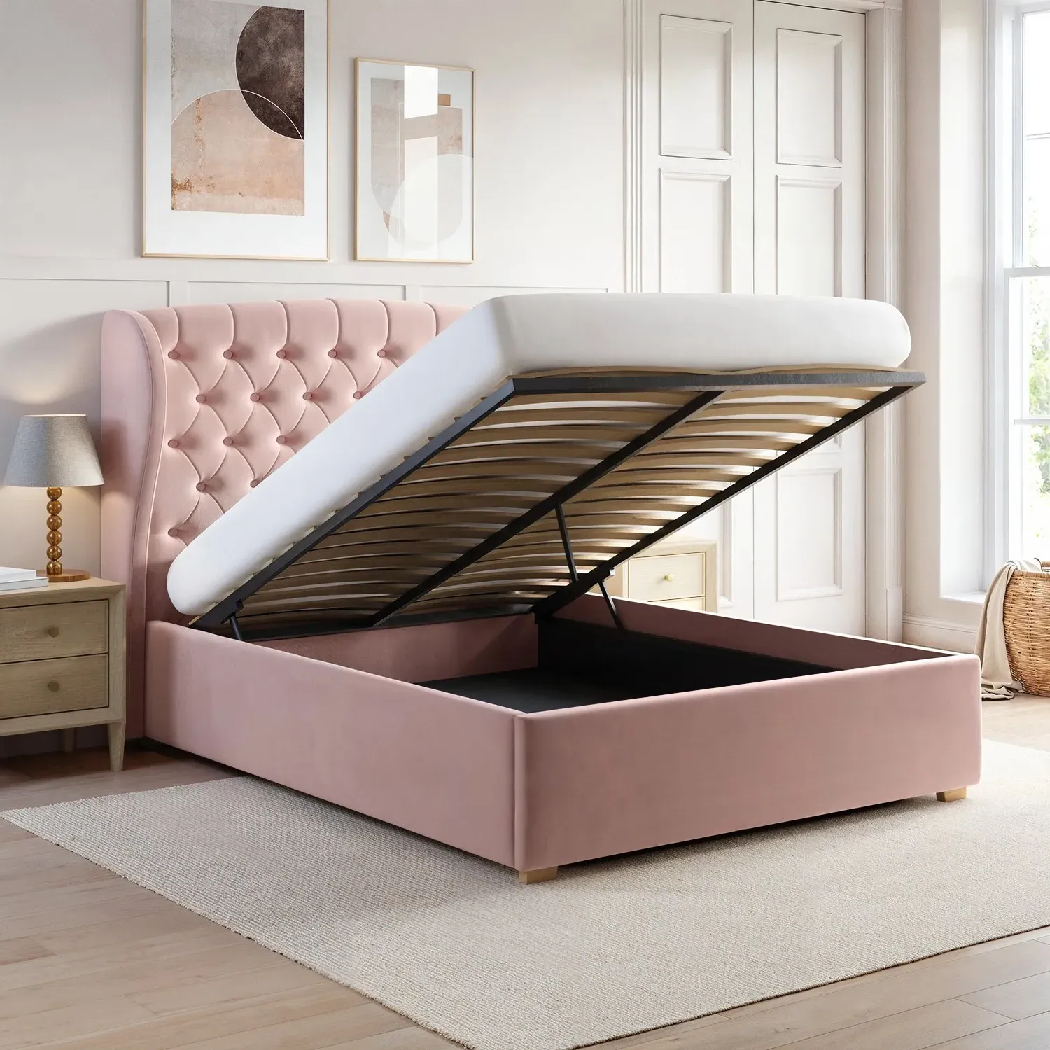 King Size Ottoman Bed with Wings - Pink, Velvet