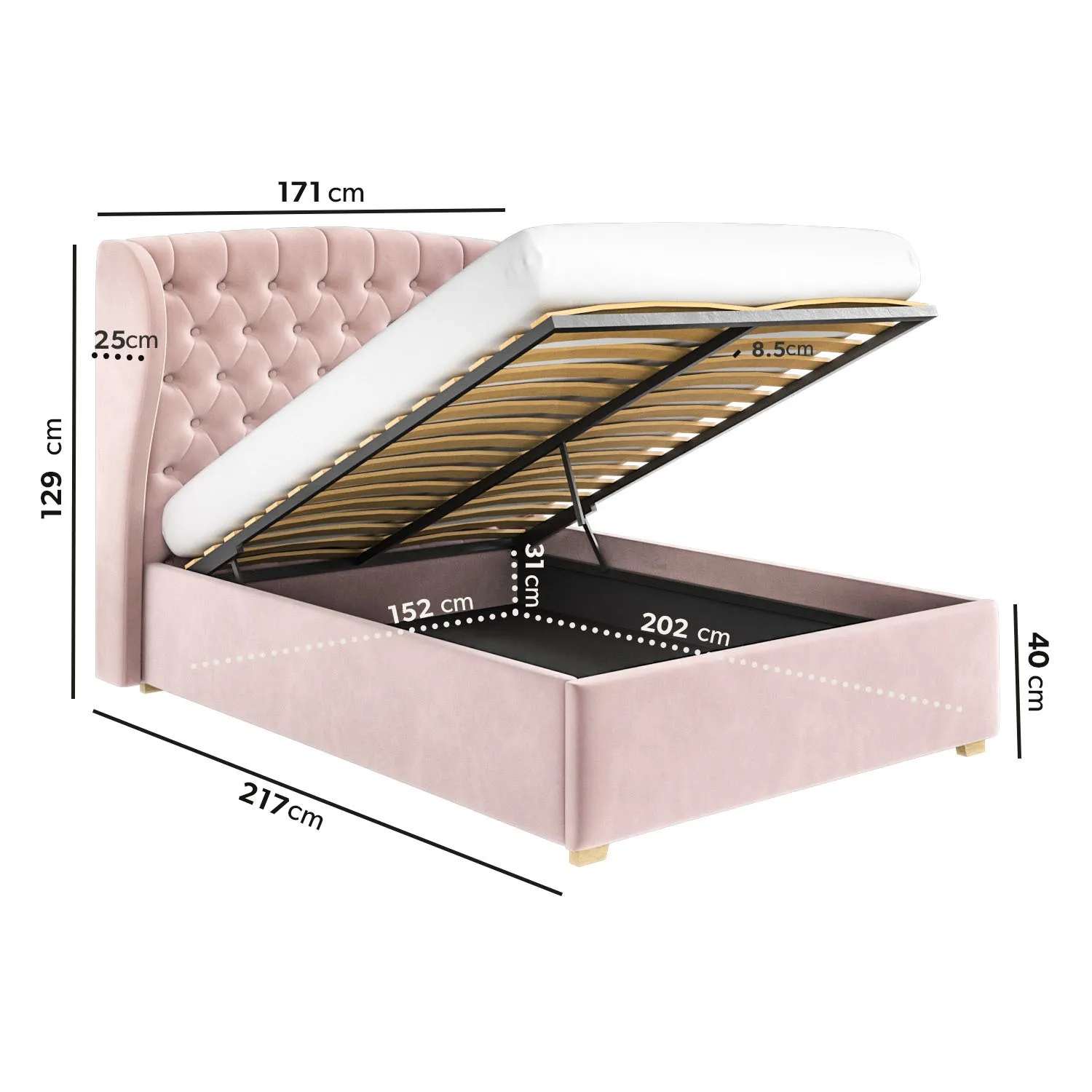 King Size Ottoman Bed with Wings - Pink, Velvet