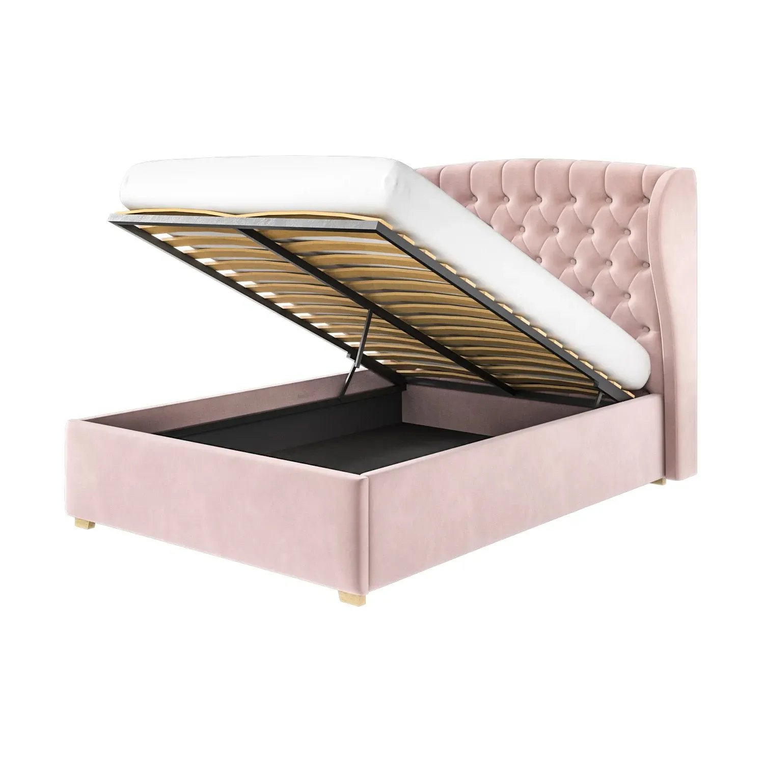 King Size Ottoman Bed with Wings - Pink, Velvet