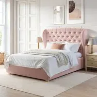 King Size Ottoman Bed with Wings - Pink, Velvet