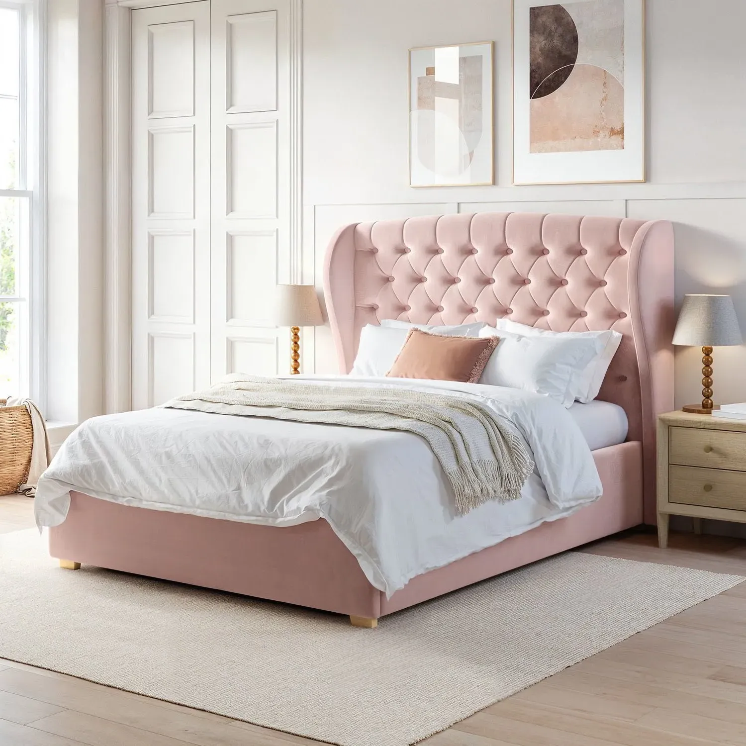 King Size Ottoman Bed with Wings - Pink, Velvet