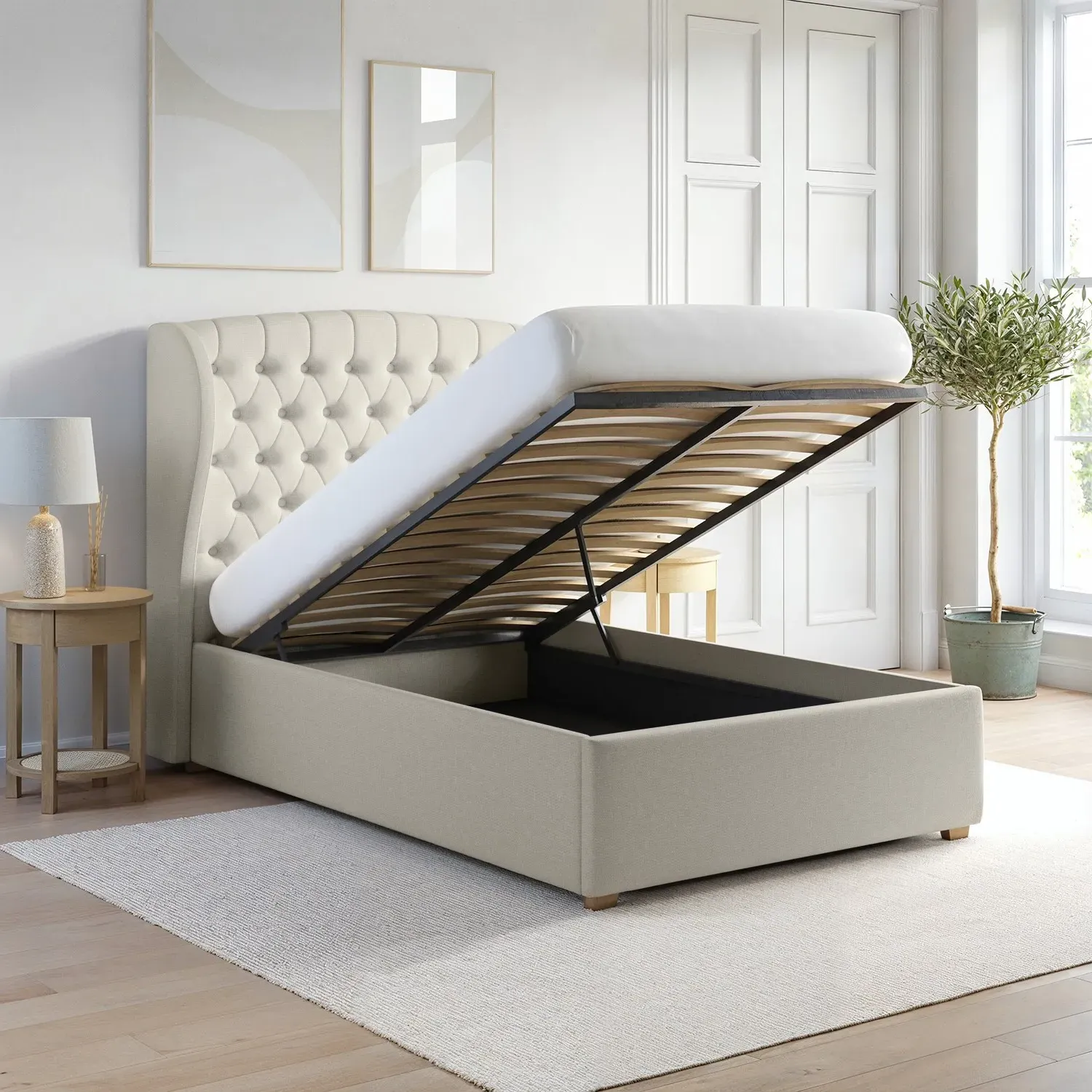 Small Double Ottoman Bed with Storage - Cream, Fabric