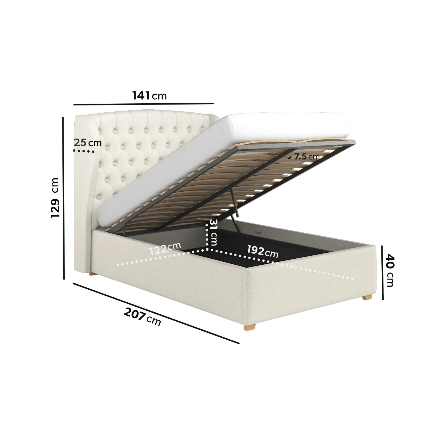 Small Double Ottoman Bed with Storage - Cream, Fabric
