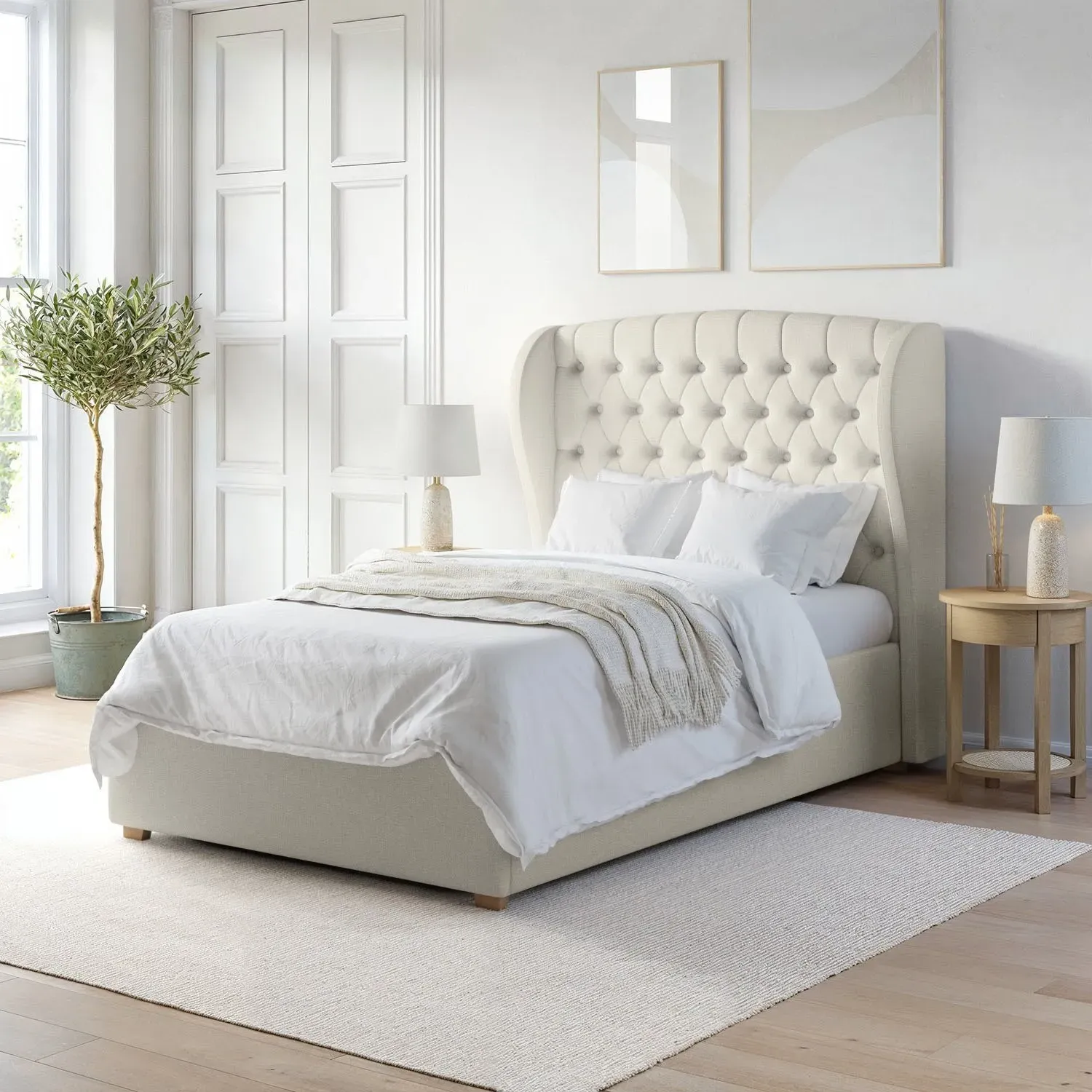 Small Double Ottoman Bed with Storage - Cream, Fabric