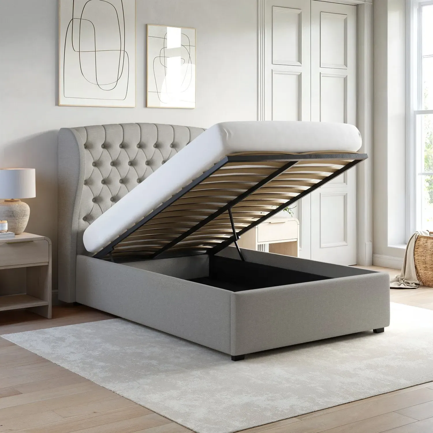 Small Double Ottoman Bed with Storage - Grey, Fabric