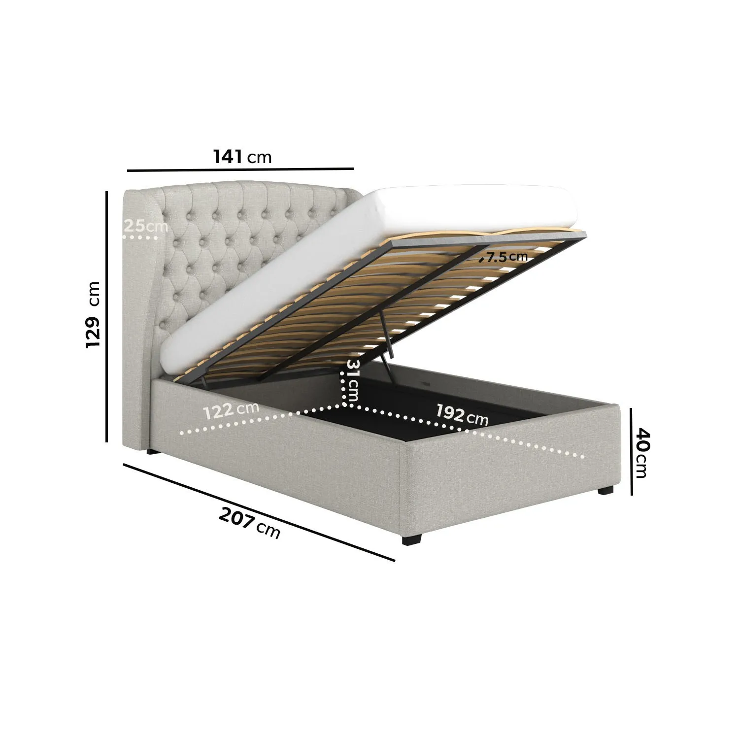 Small Double Ottoman Bed with Storage - Grey, Fabric