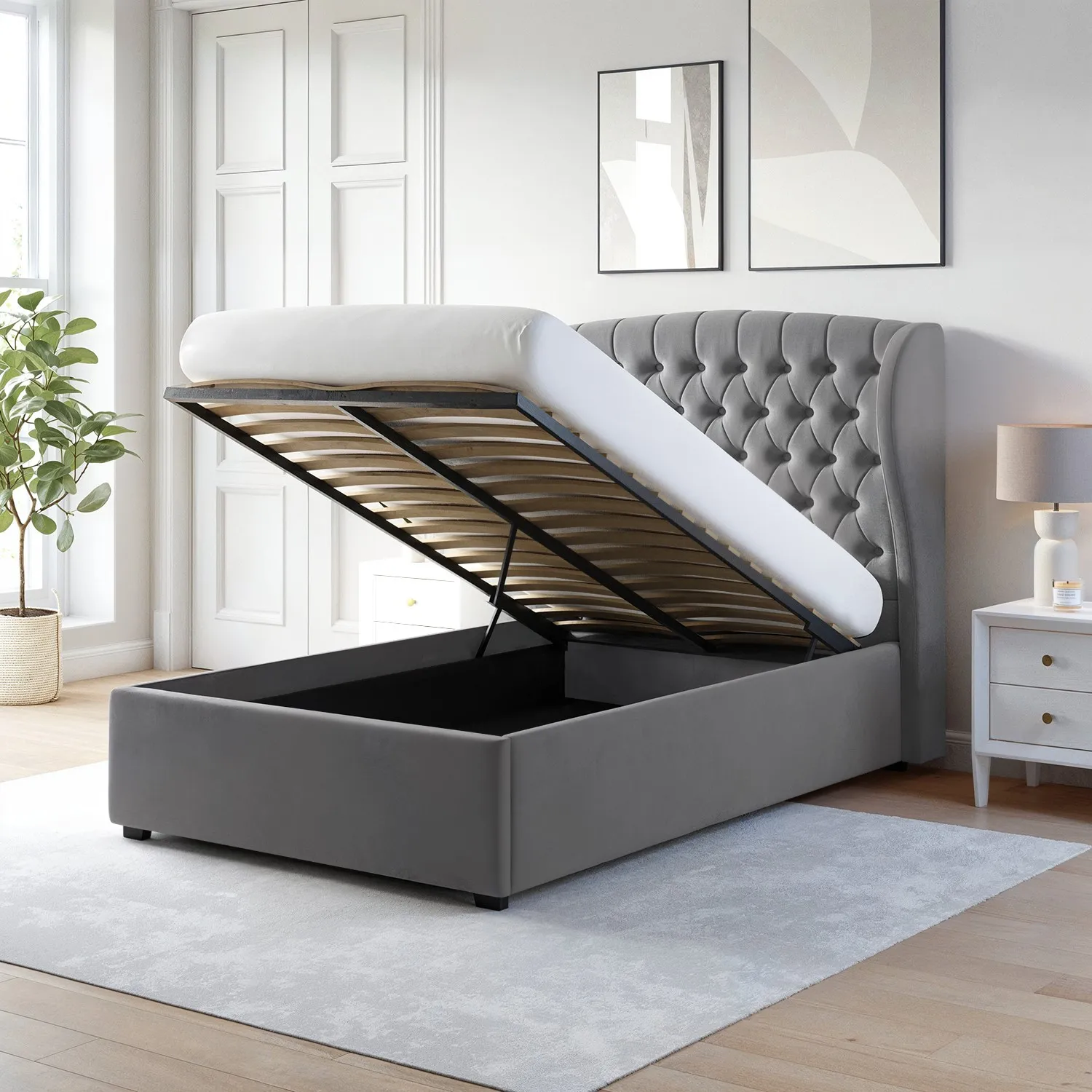 Small Double Ottoman Bed with Storage - Grey, Velvet