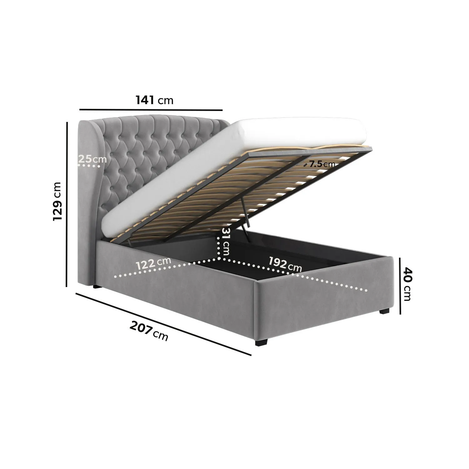 Small Double Ottoman Bed with Storage - Grey, Velvet