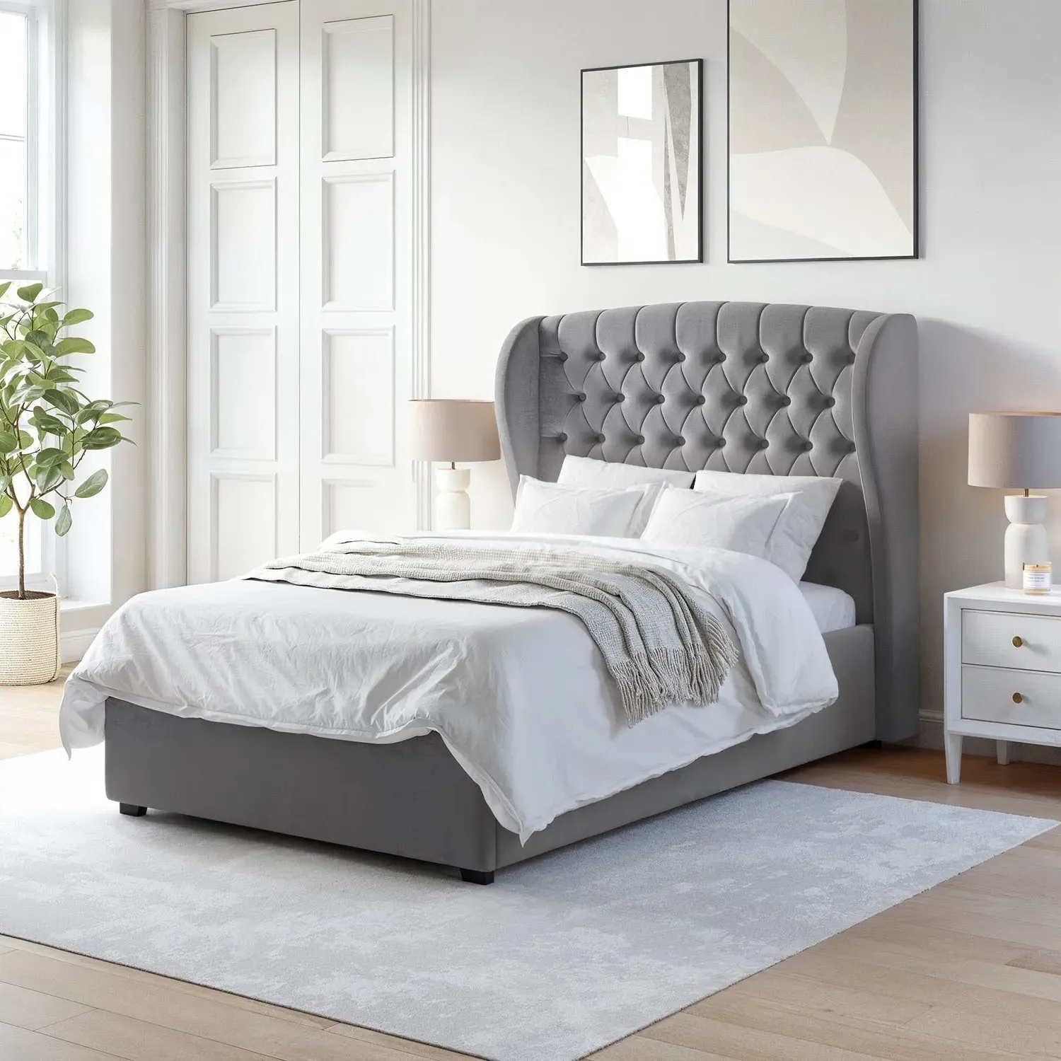 Small Double Ottoman Bed with Storage - Grey, Velvet