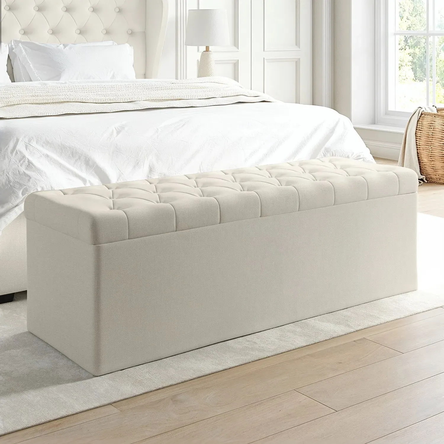 Storage Ottoman with Tufted Lid - Cream, Fabric image