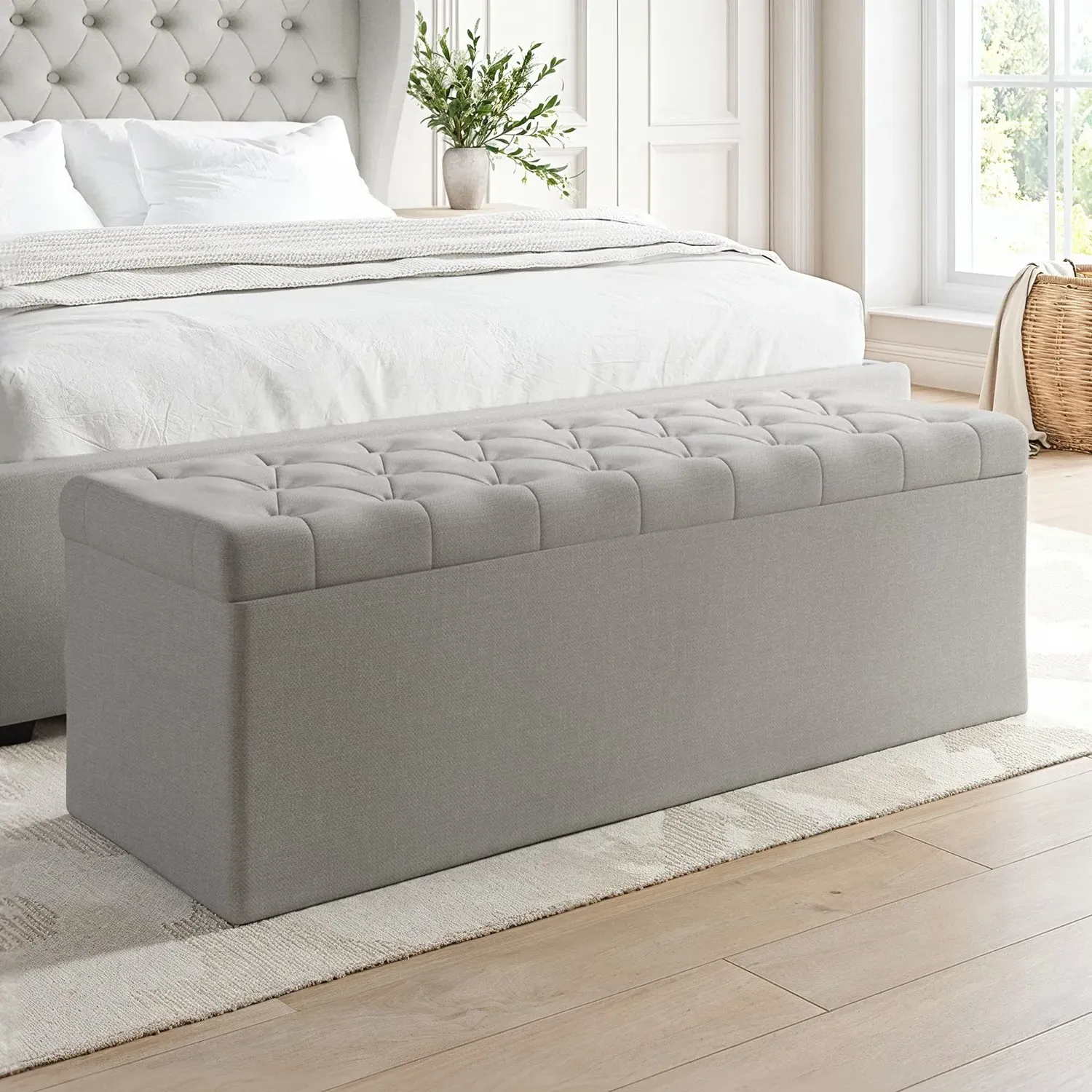 Storage Ottoman with Tufted Lid - Grey, Fabric