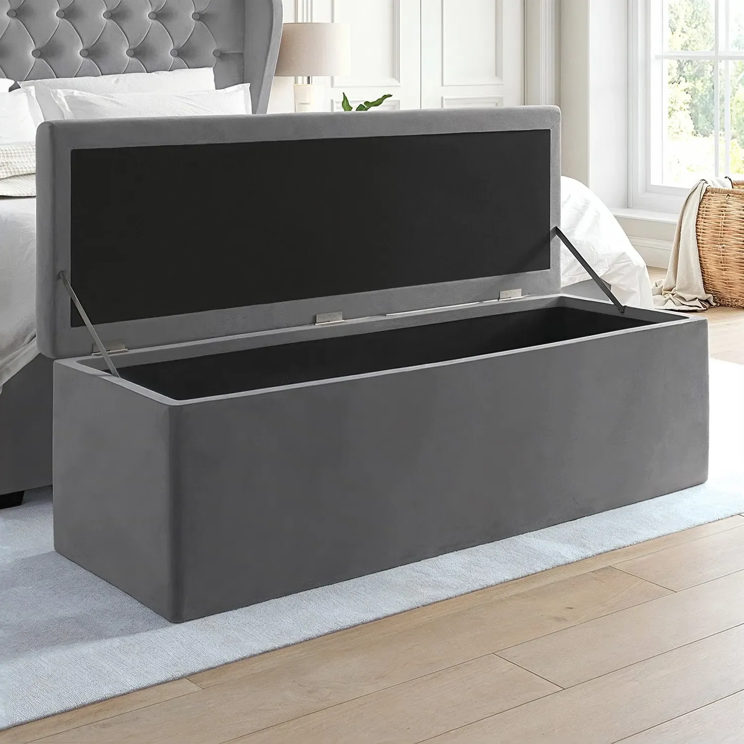 Storage Ottoman with Tufted Lid - Grey, Velvet