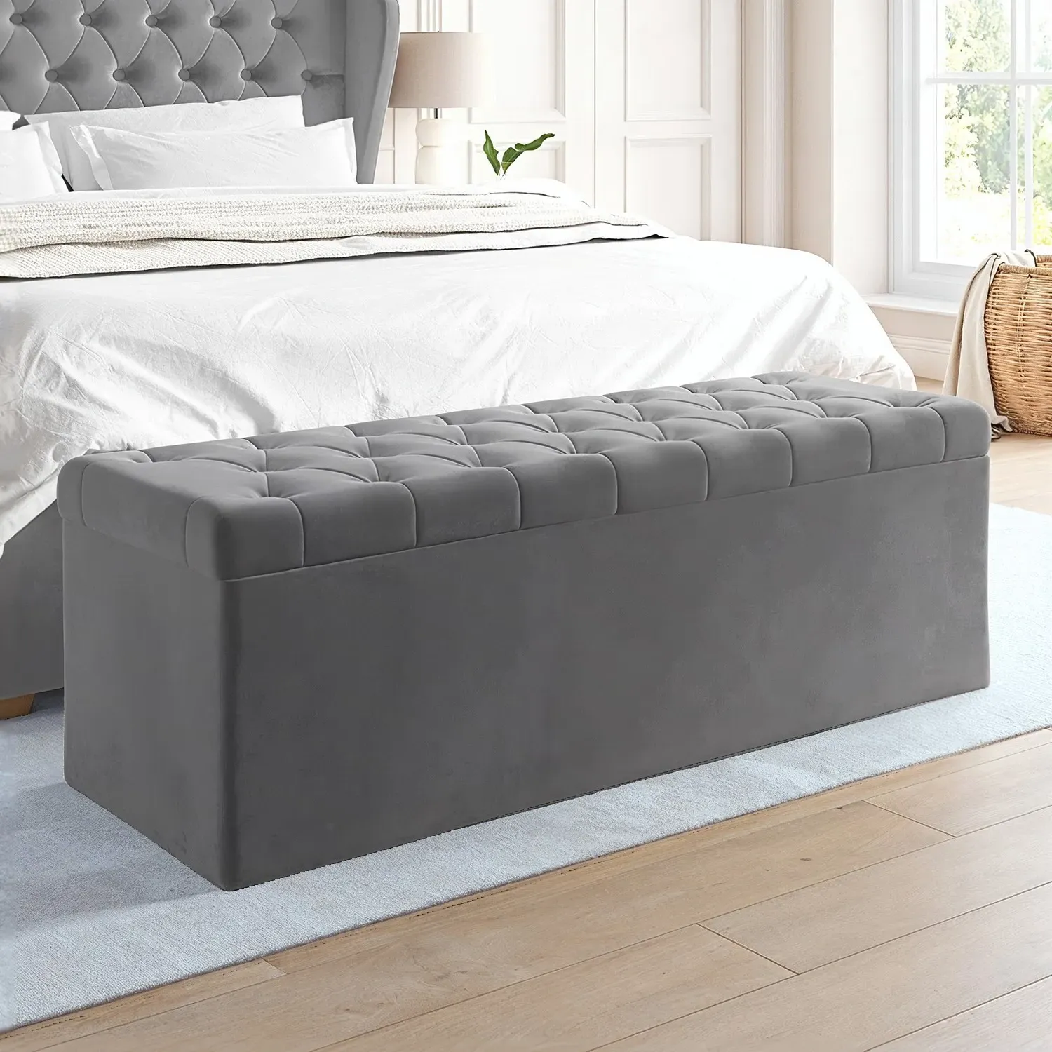 Storage Ottoman with Tufted Lid - Grey, Velvet