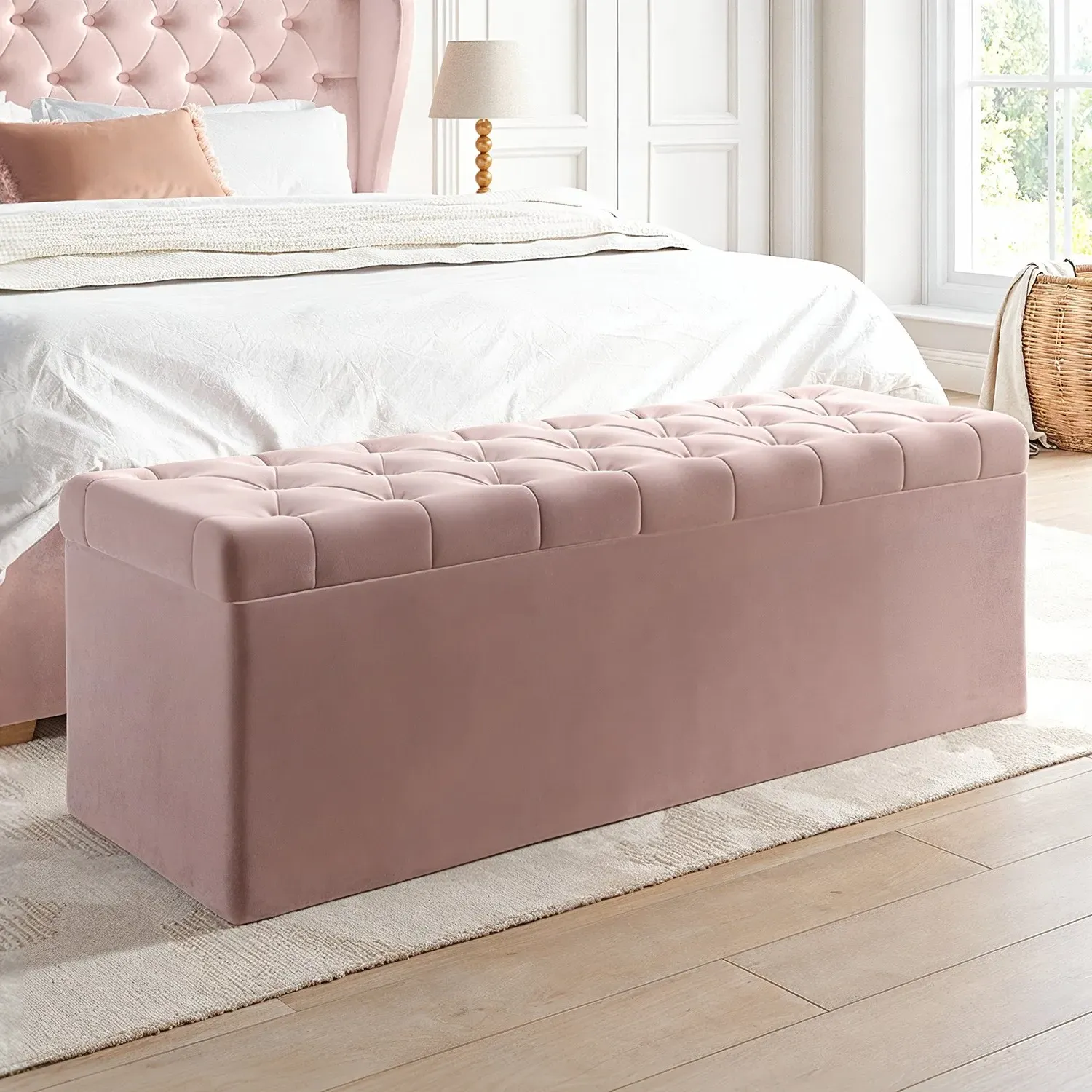 Storage Ottoman with Tufted Lid - Pink, Velvet