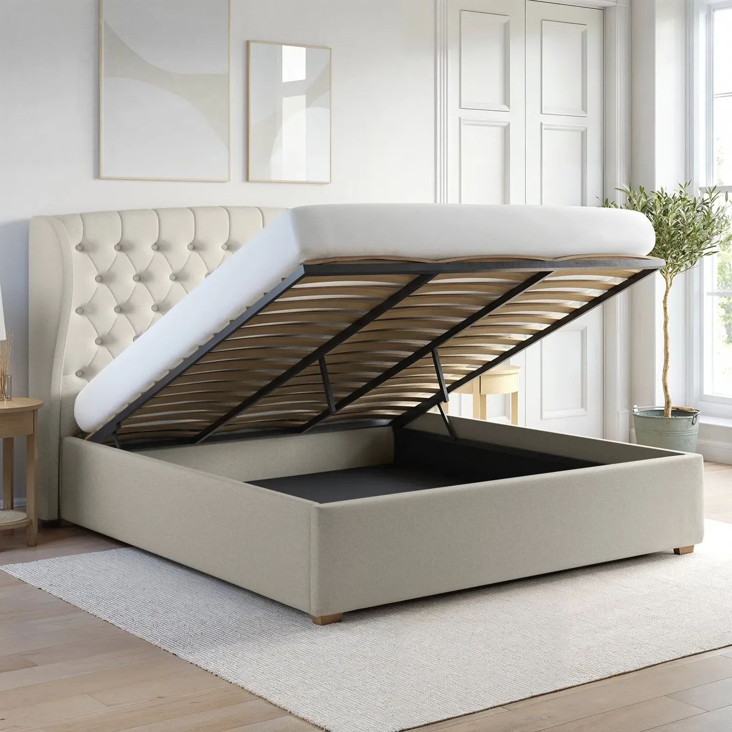 Super King Ottoman Bed with Storage - Cream, Fabric