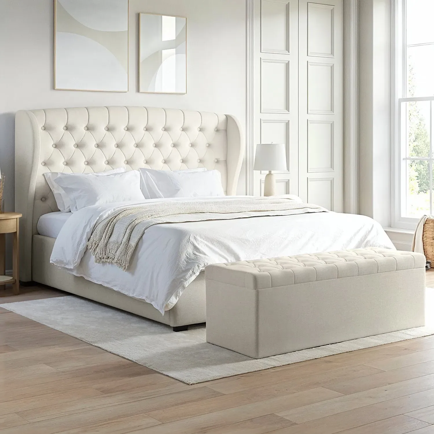 Super King Ottoman Bed with Storage - Cream, Fabric