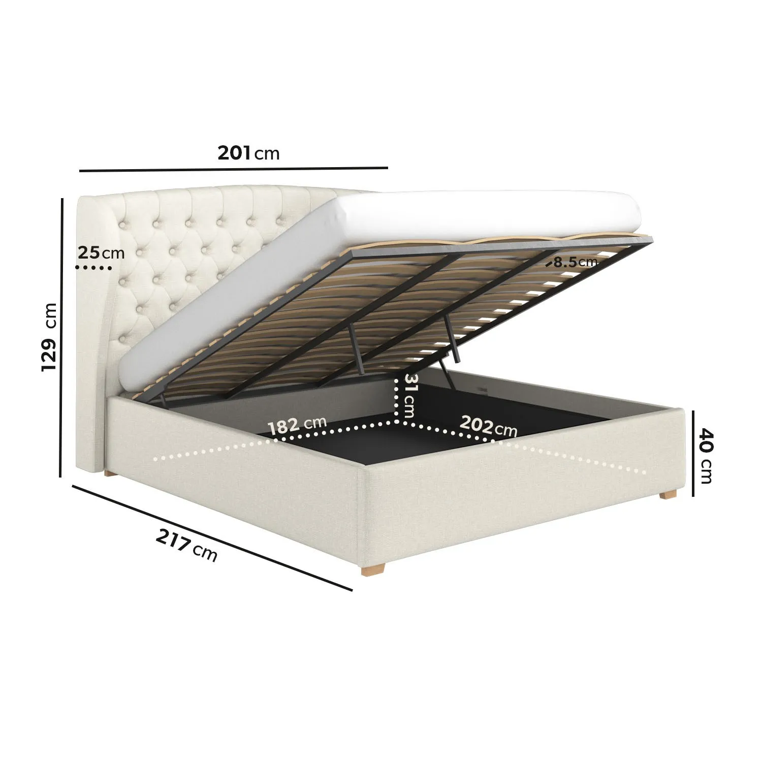 Super King Ottoman Bed with Storage - Cream, Fabric