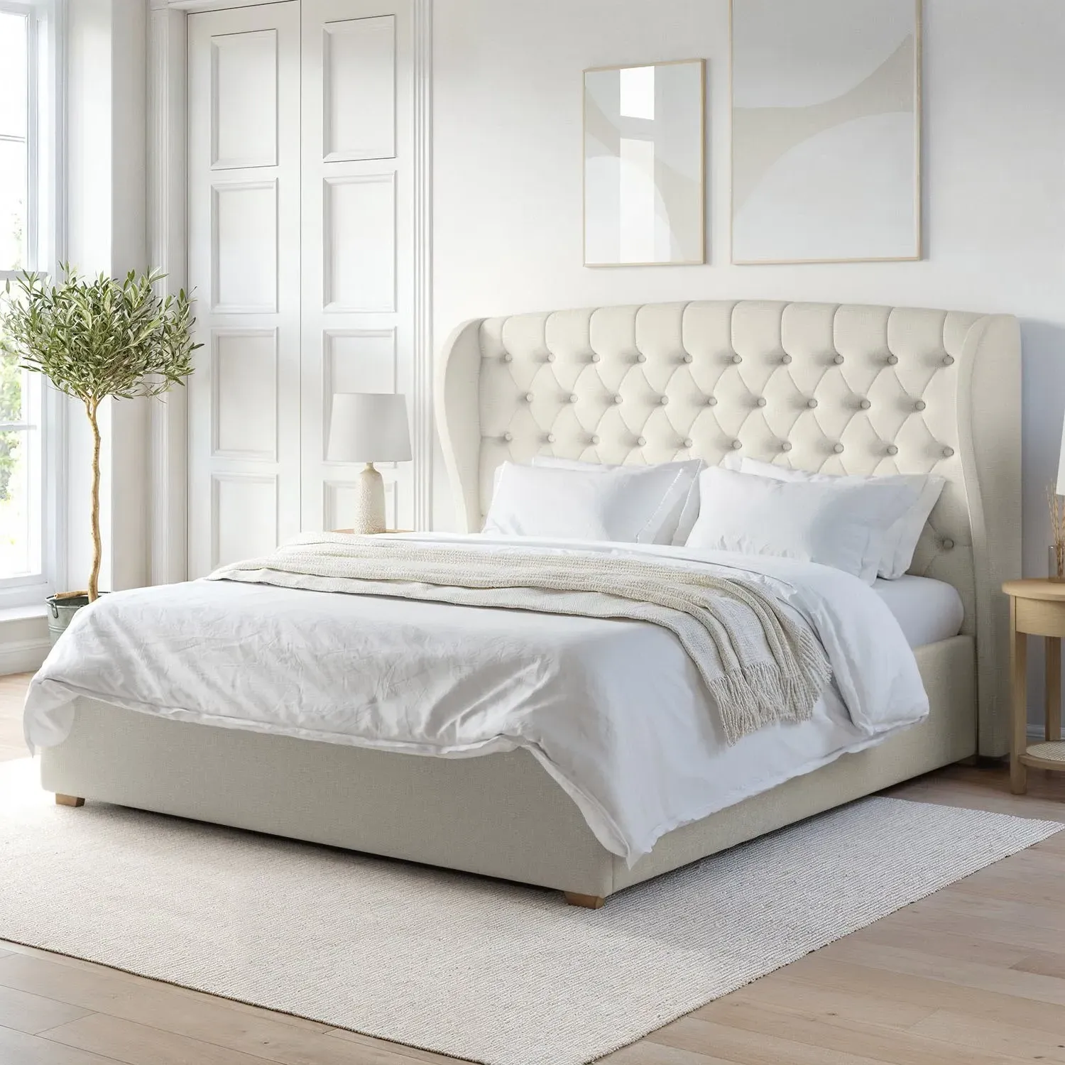 Super King Ottoman Bed with Storage - Cream, Fabric