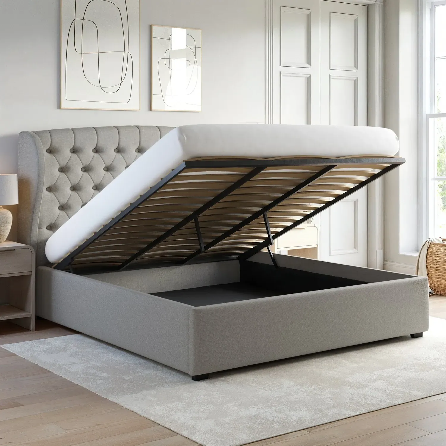 Super King Ottoman Bed with Storage - Grey, Fabric