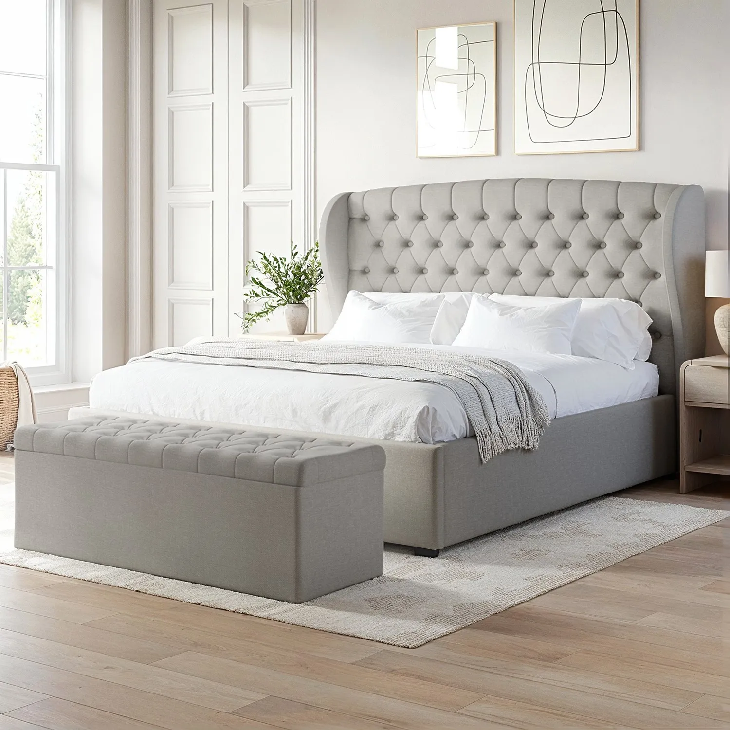 Super King Ottoman Bed with Storage - Grey, Fabric
