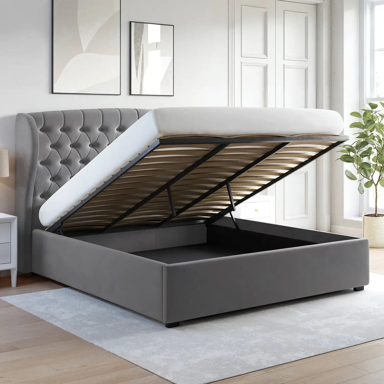 Super King Ottoman Bed with Wings - Grey, Velvet