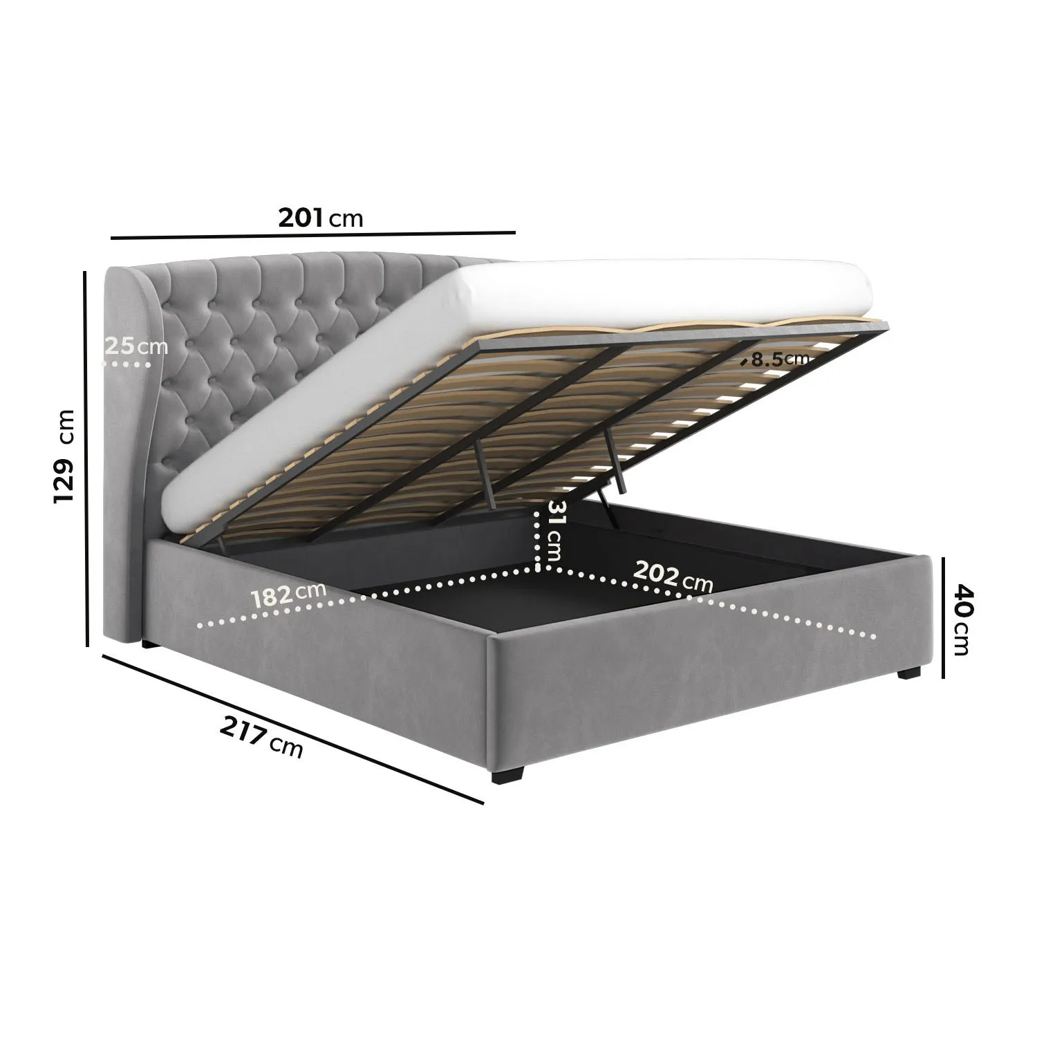 Super King Ottoman Bed with Wings - Grey, Velvet